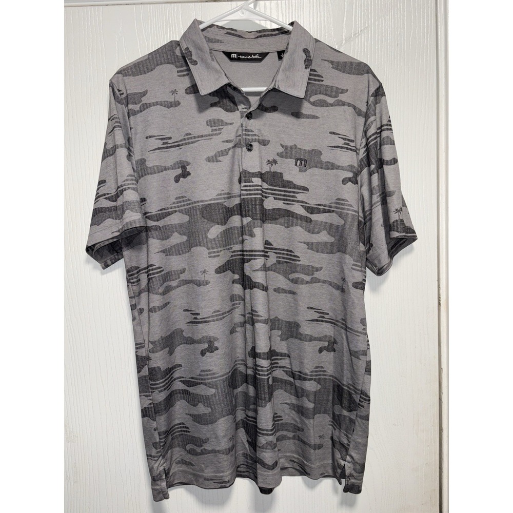 Travis Mathew Golf Polo Shirt Large Gray Camo Island Print Short Sleeve